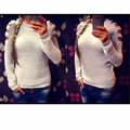 Women's solid colour knitted shirt with crocheted hollow-out design on round neck long sleeves
