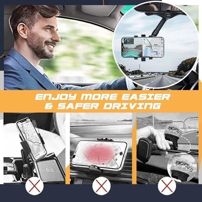 Black rearview mirror car phone holder with telescopic arm and four-claw phone grip, shown in a vehicle.