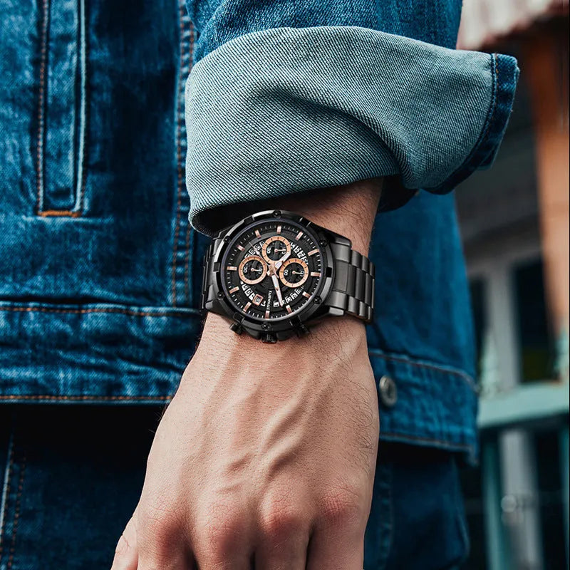 Men's waterproof luminous casual quartz watch on a steel belt strap, showing black blue and silver white colour options.