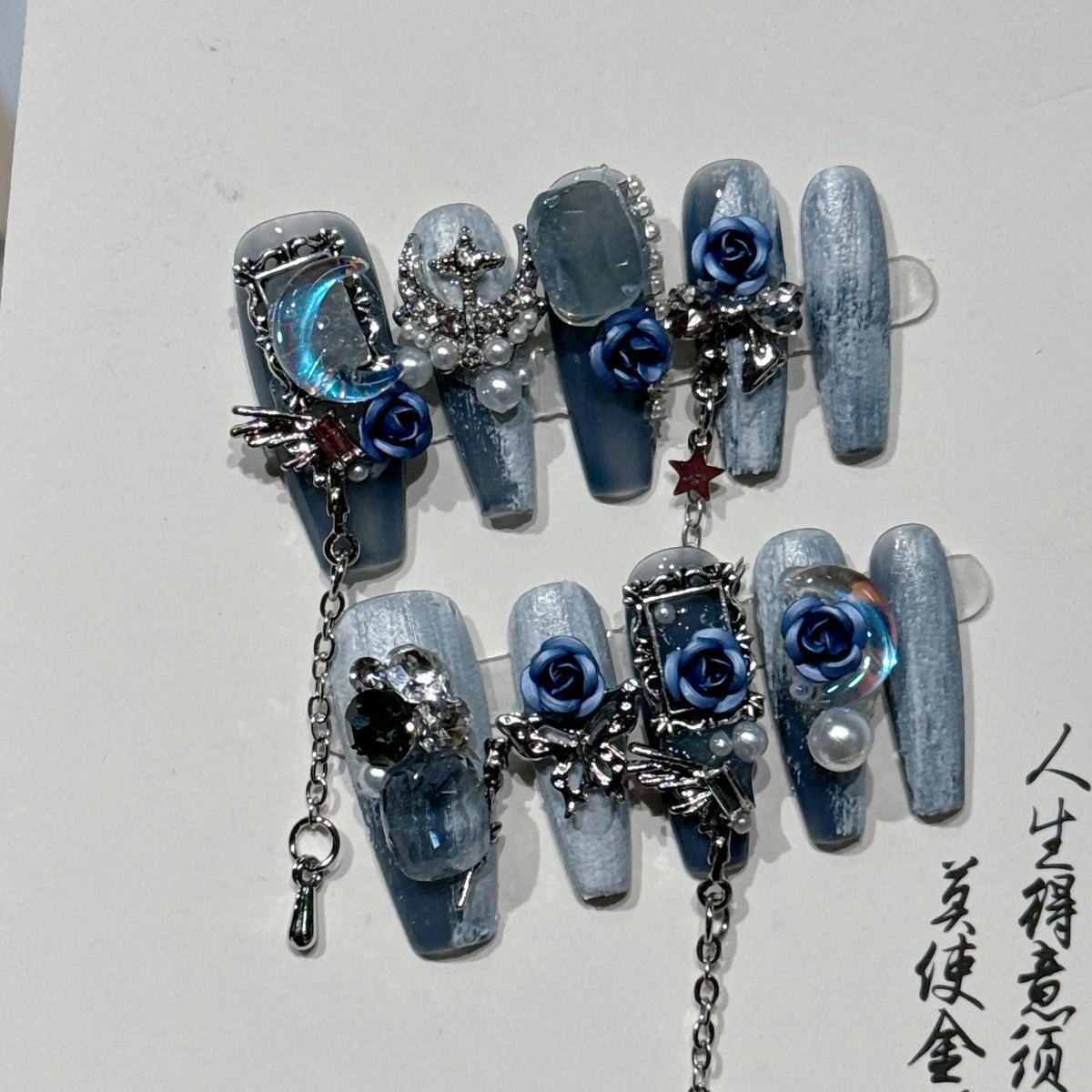Heavy industry blue artificial nails with rose and tulip patterns, plastic armour suit set