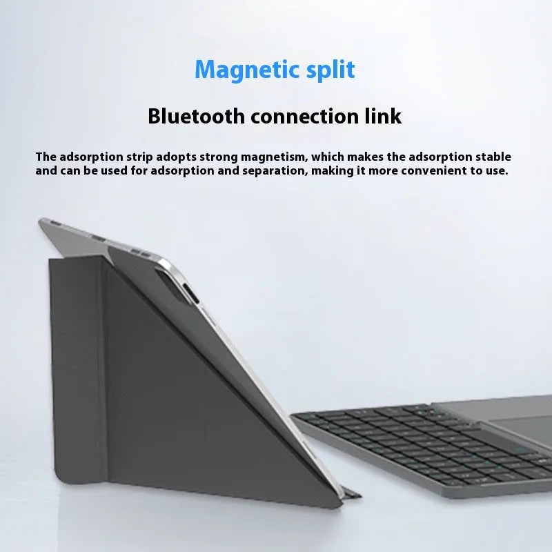Grey folding Bluetooth wireless keyboard for mobile phones and tablets showing compact folded design