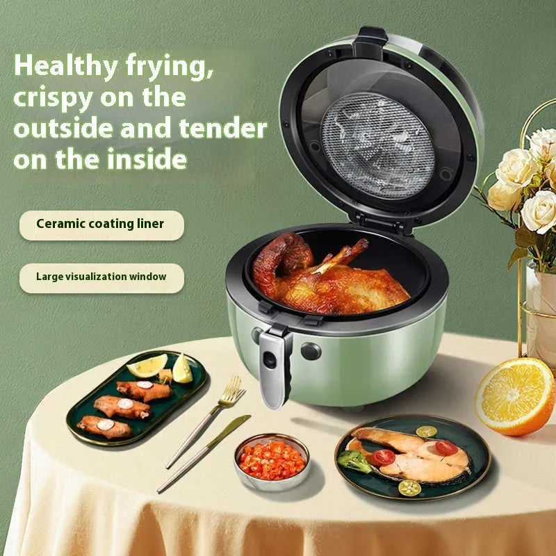 8-litre air fryer oven appliance with visible cooking window and mechanical button controls