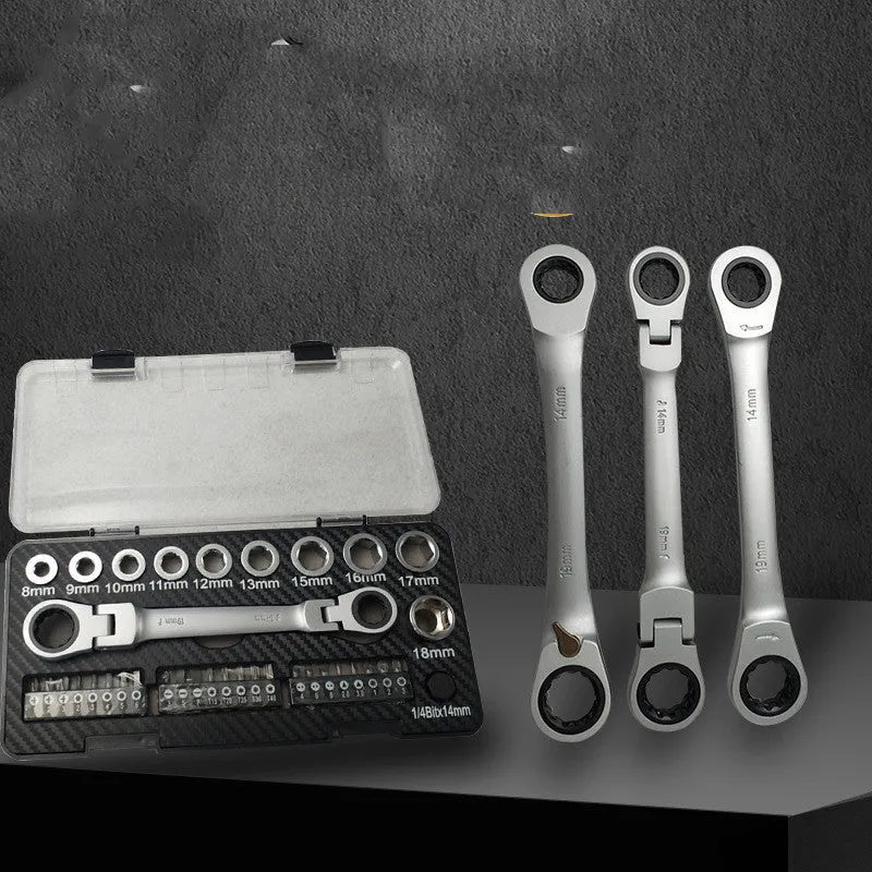 Ratchet wrench set with sockets and batch heads arranged in compact tool kit