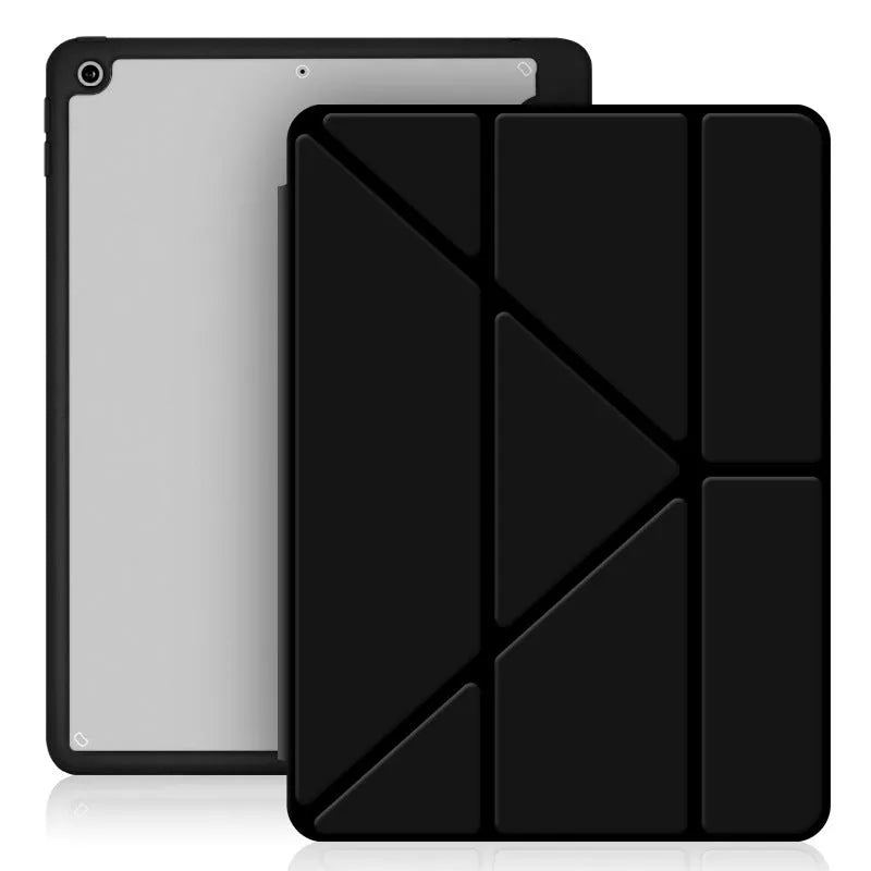 Acrylic Y-folding soft imitation leather iPad case in multiple colours, showing stand function and pen slot.