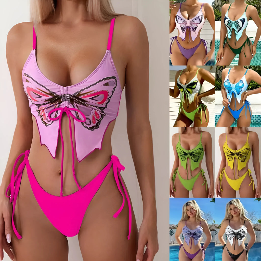 Women's purple bikini swimsuit with bow decoration on the top and split high-waisted briefs.
