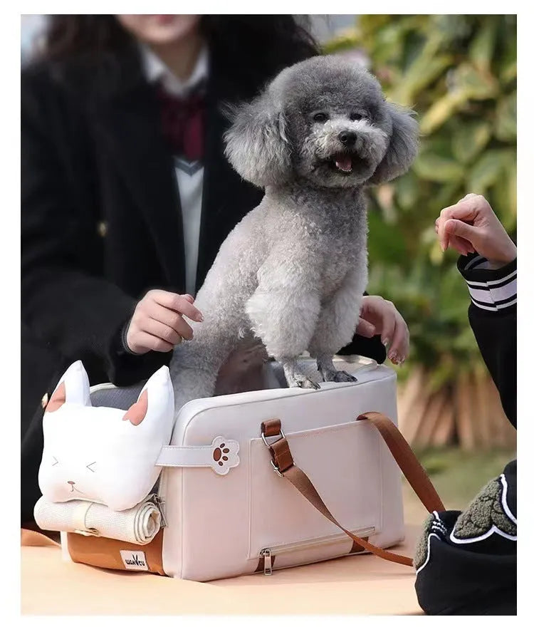 Hard-sided beige pet carrier with EPE padding measuring 43x25x22.5cm for pets under 15kg