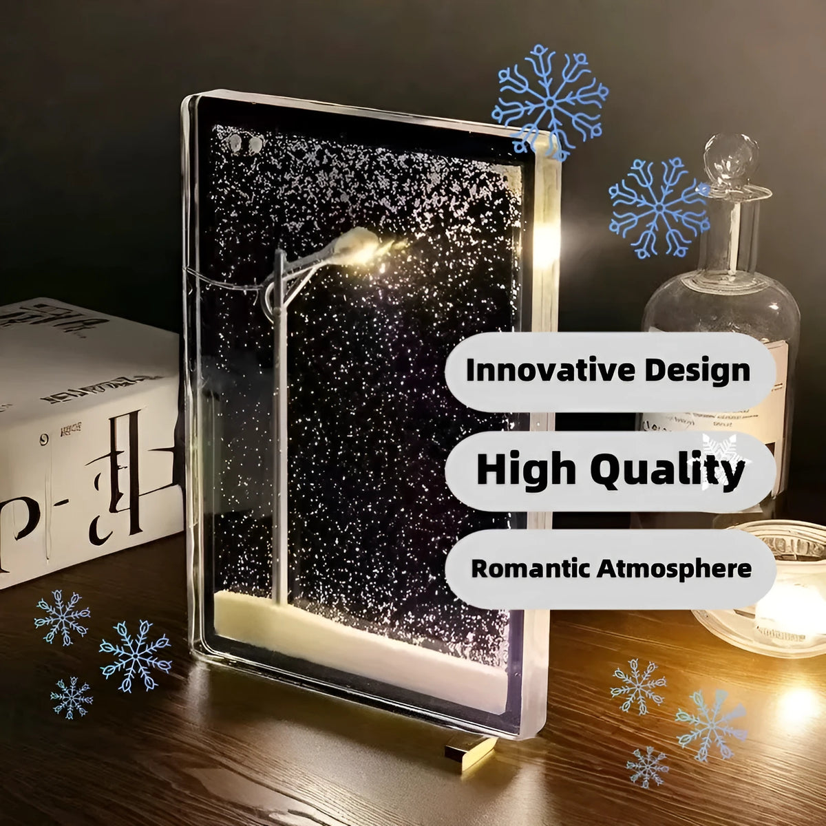 DIY snowy night light kit components for assembling a winter scene desktop decor with LED lights.