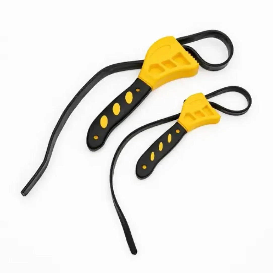 A 6-inch and an 8-inch adjustable rubber strap wrench with plastic handles on a workbench.