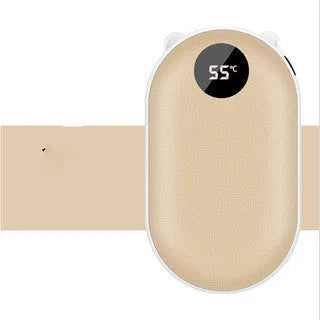 Rechargeable mini hand warmer power bank with digital display in rose gold and blue