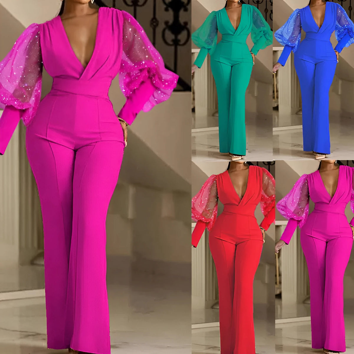Women's long sleeve jumpsuit with mesh stitching detail, elastic waist, and wide leg in red colour
