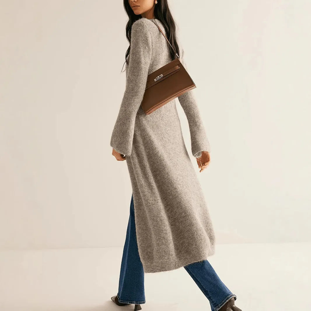 Women's khaki French retro style cardigan coat with long sleeves and button front closure