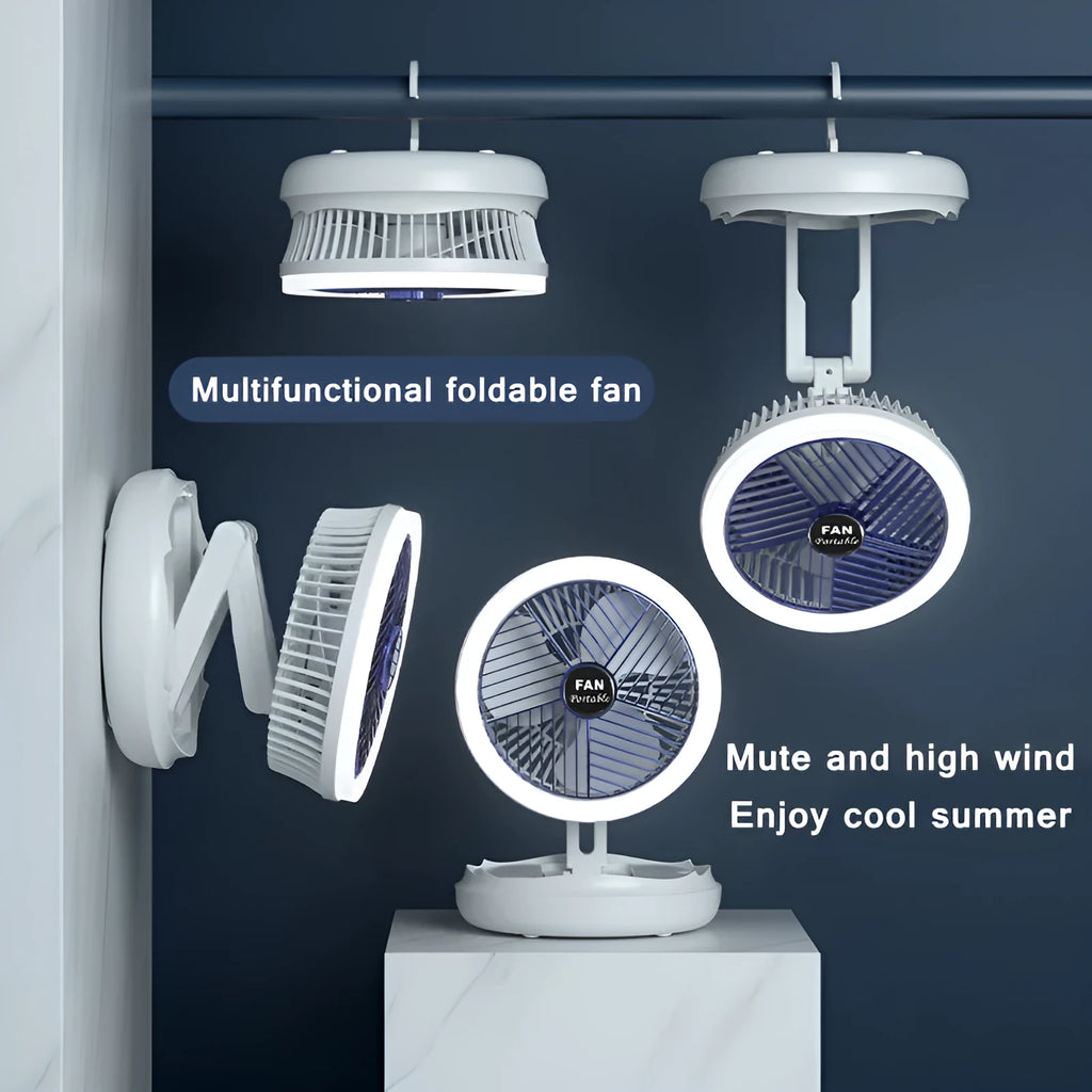 Blue foldable table fan with LED light showing 300° rotation angle and pen holder design