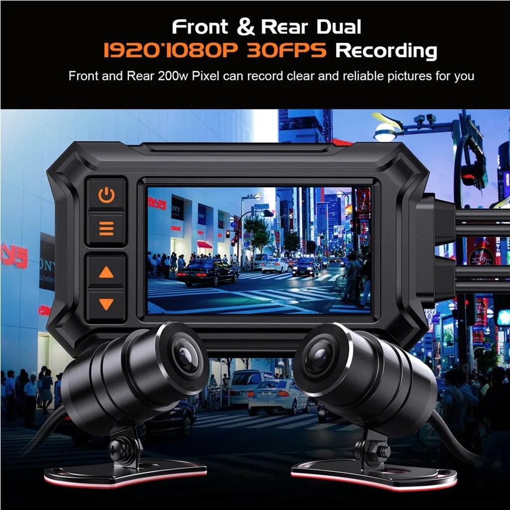 Motorcycle dash camera with dual lenses and GPS module mounted on handlebars