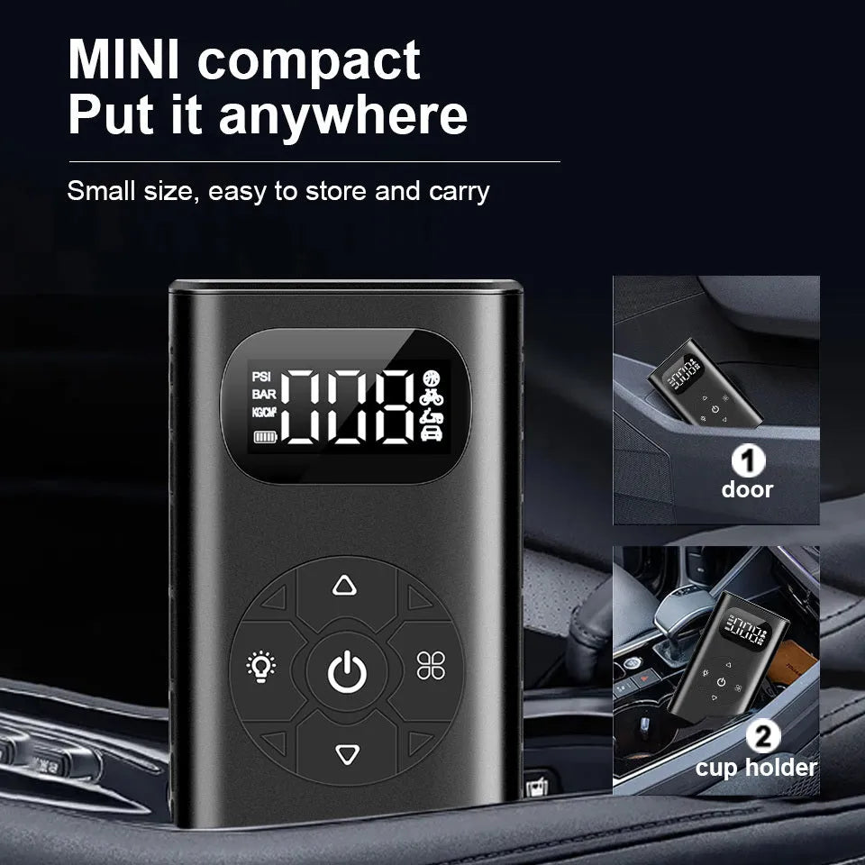 Black M09X portable power bank tyre inflator pump with USB cable for cars and motorcycles