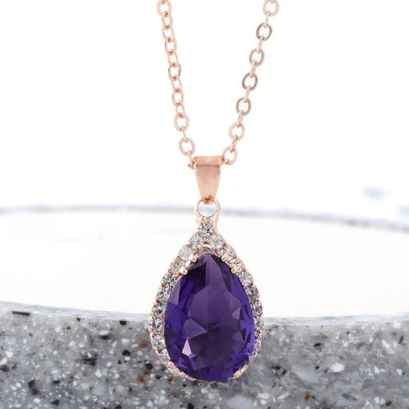Rose gold pink women's geometric rhinestone necklace with drop shape pendant