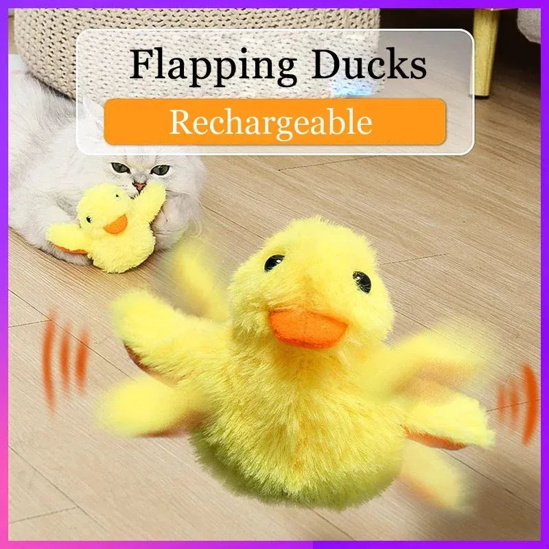 Yellow flapping duck cat toy with vibration sensor and washable plush cover