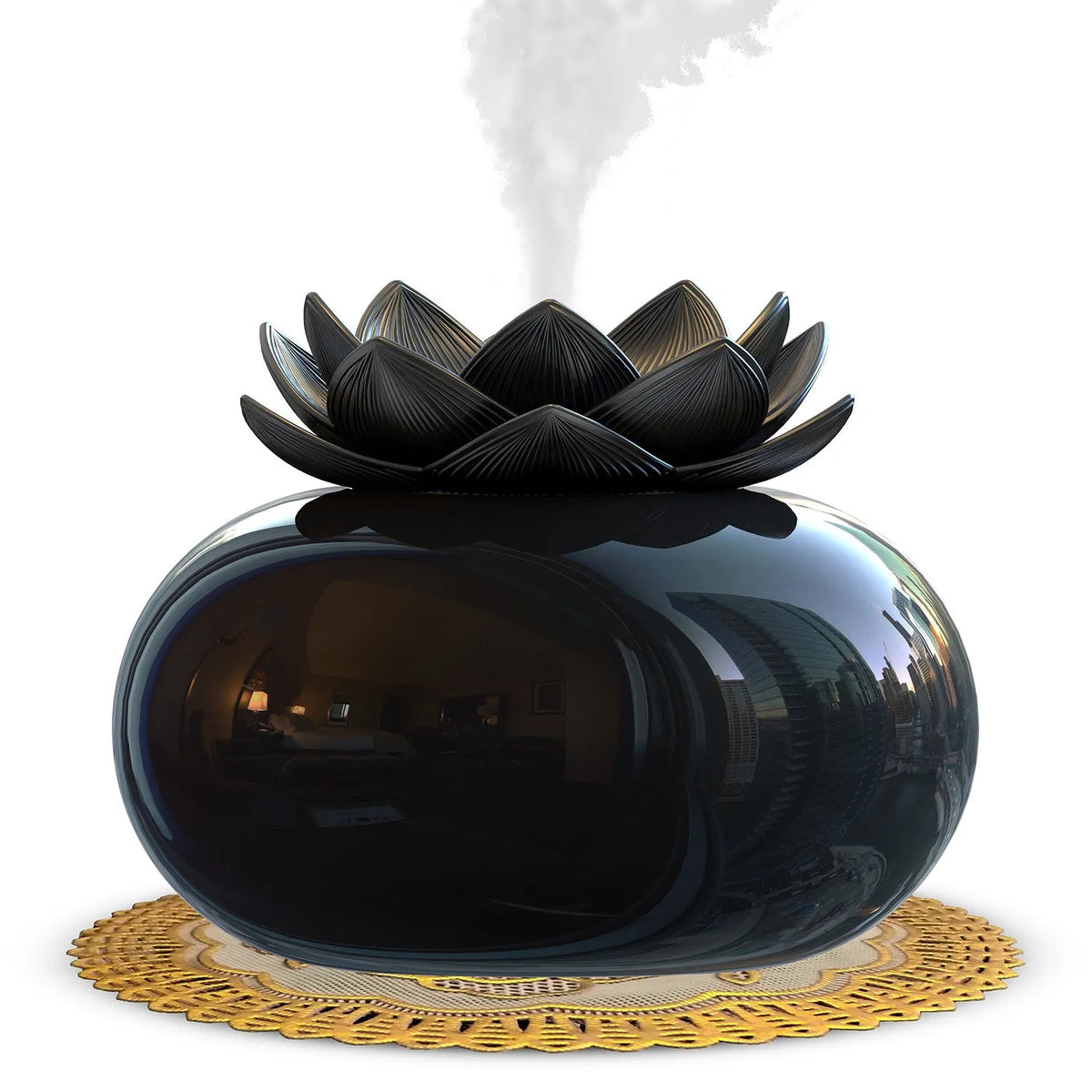 Round pure black lotus aromatherapy humidifier with USB cable and ceramic construction