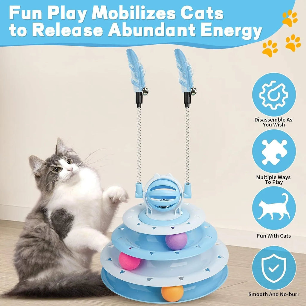 Blue 4-tier cat puzzle toy with balls and teasing rods on non-slip base
