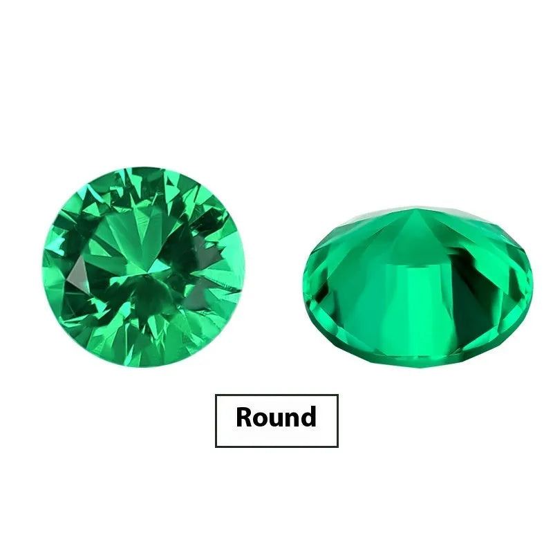 Synthetic Columbia green emerald gemstones in round and emerald cut shapes on white background