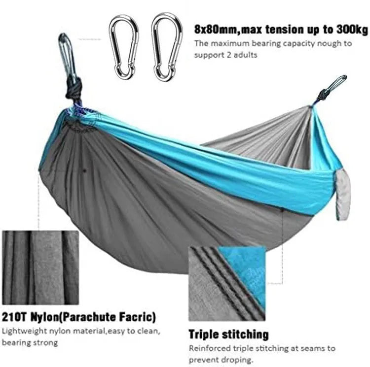 Blue nylon parachute cloth hammock 270x140cm suspended outdoors for camping