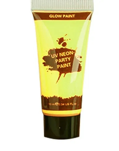 Close-up of a neon green face paint tube with hose applicator on a colourful design.