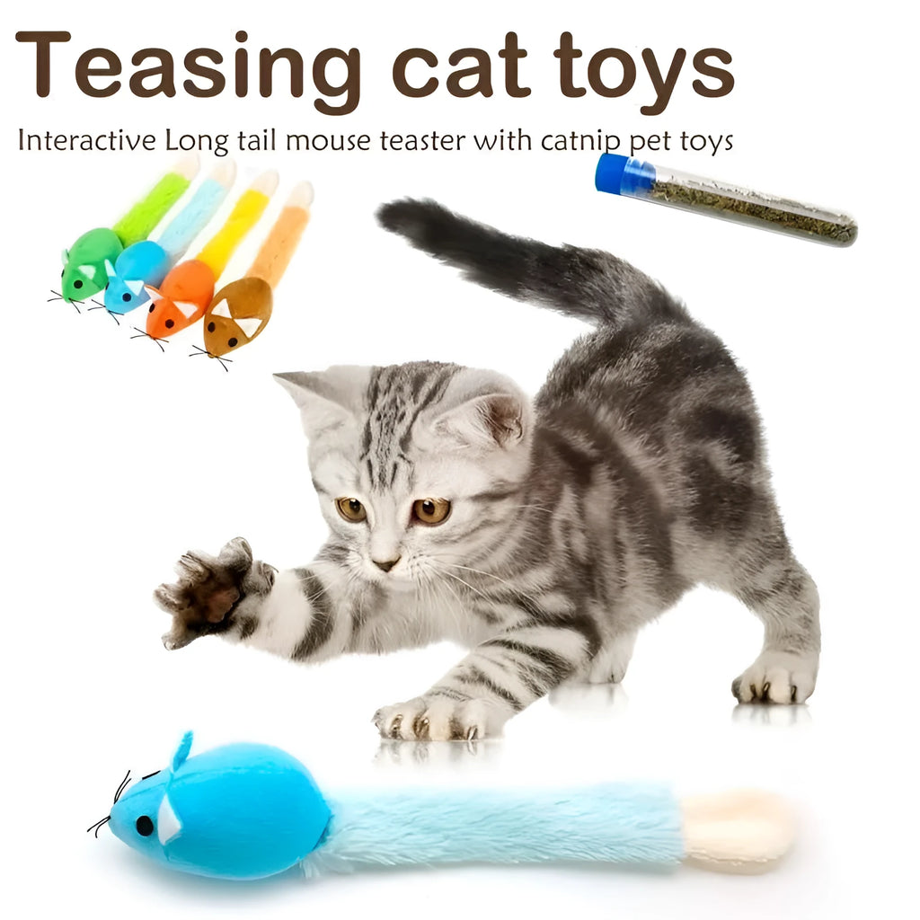 Plush cat mouse toy with mint refill, available in green, blue, orange, and coffee