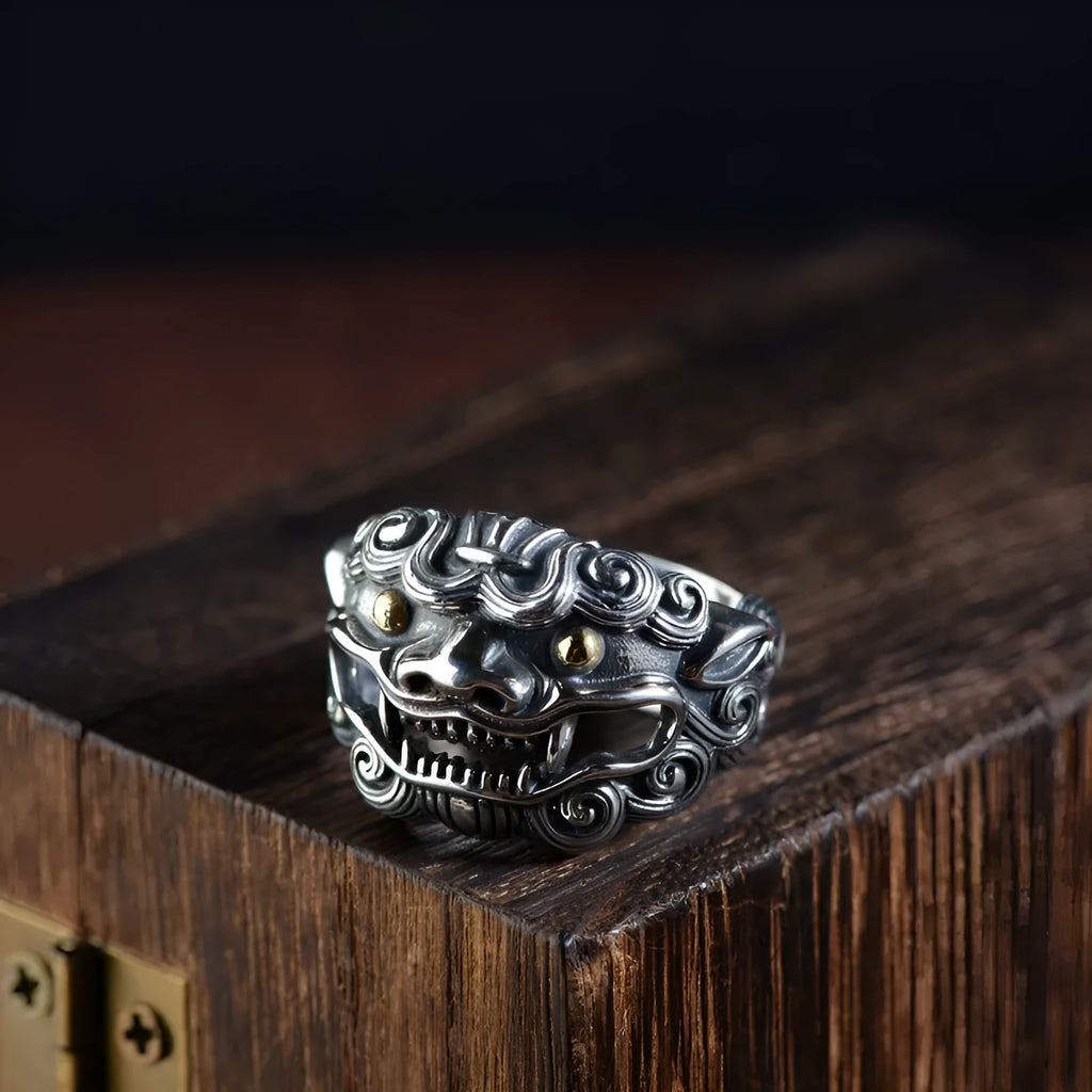 Silver open ring with Jibeast pattern and diamond detailing in retro zodiac design