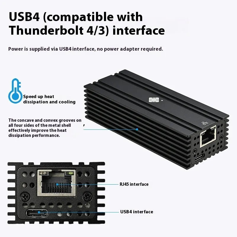 Black Leyu USB4 to RJ45 10 Gigabit Ethernet network adapter dongle with 20cm cable