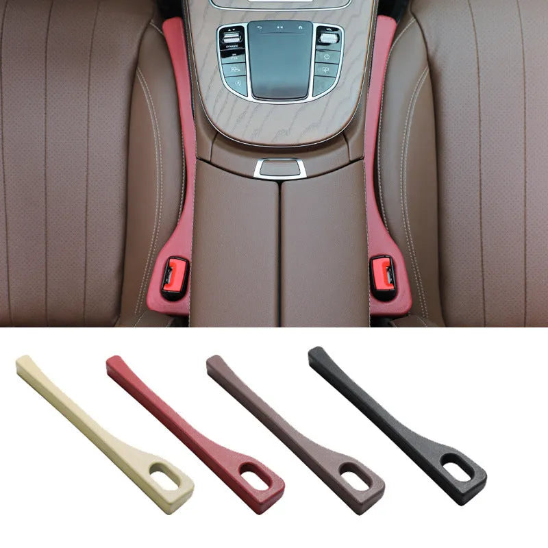 Polyurethane car seat gap filler strip in beige colour against a car interior