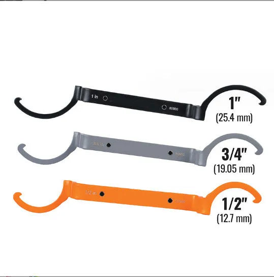 Crescent magnetic suction wrench three-piece set showing orange, grey, and black tools with measurements