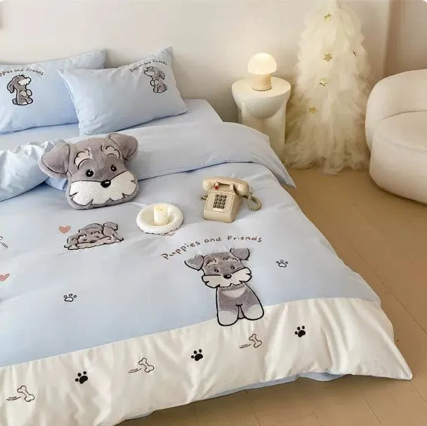 Schnauzer cartoon pattern bedding set with embroidery on duvet cover, sheet and pillowcases