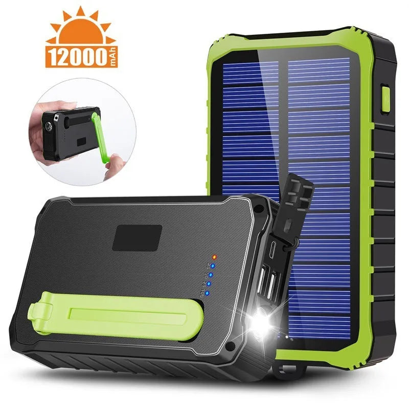 Orange or green hand crank solar power bank with solar panel, dual USB ports, and LED light.