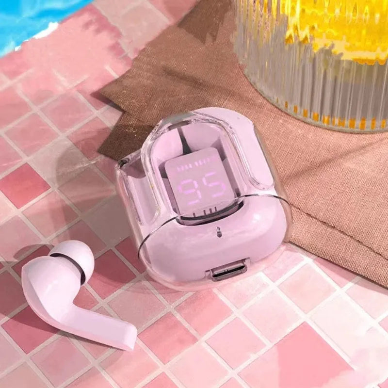 Transparent space capsule case Bluetooth earbuds with digital display in five colour options