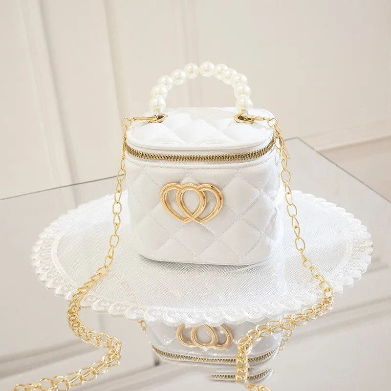 Heart-shaped white PVC bucket gel bag with a smooth lining, shown open.
