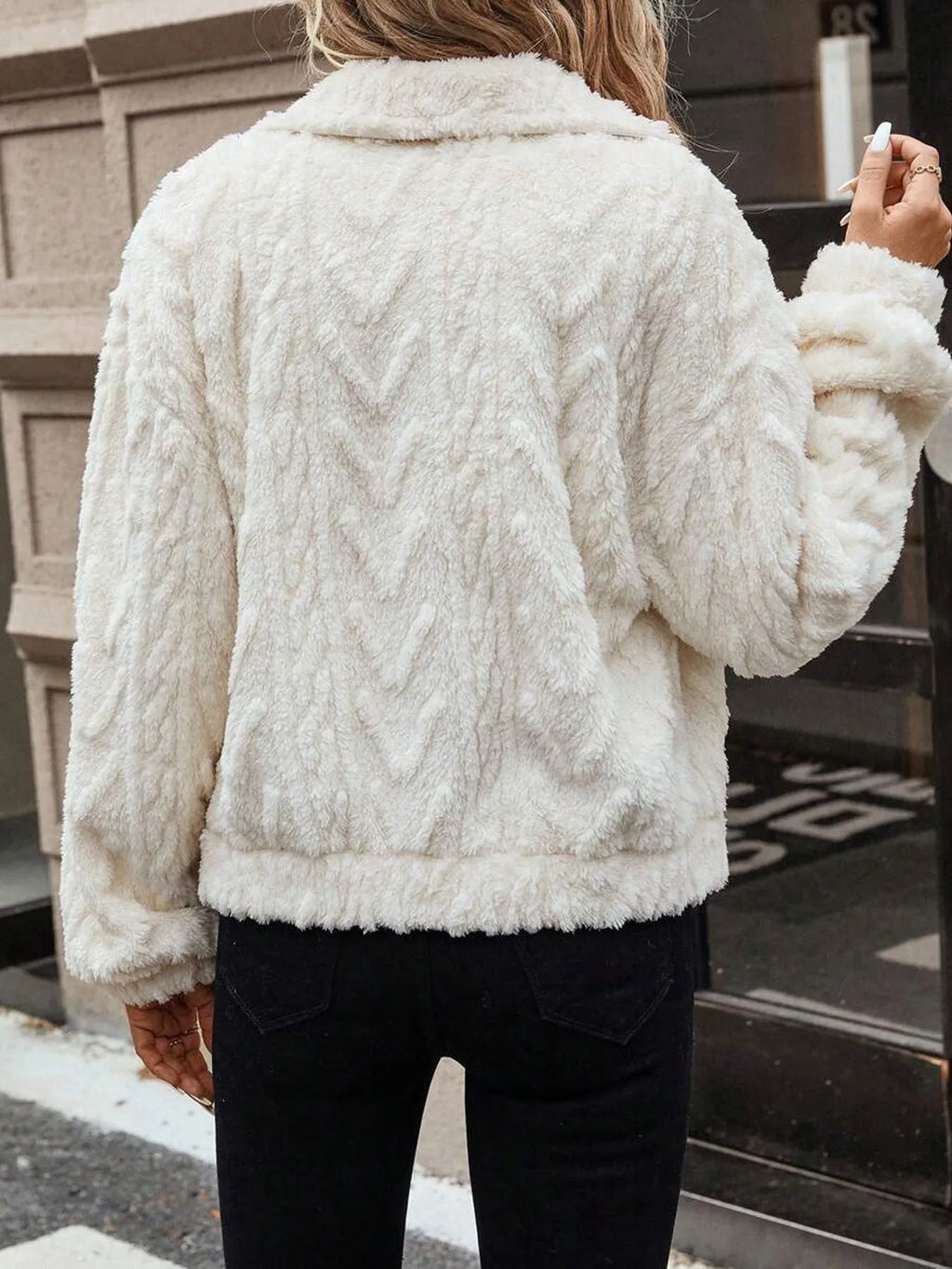 Women's ivory white plush button cardigan coat showing double-sided fabric and regular fit