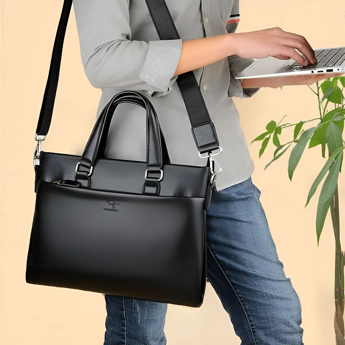 Men's black and brown PU leather business messenger bag with splicing style details