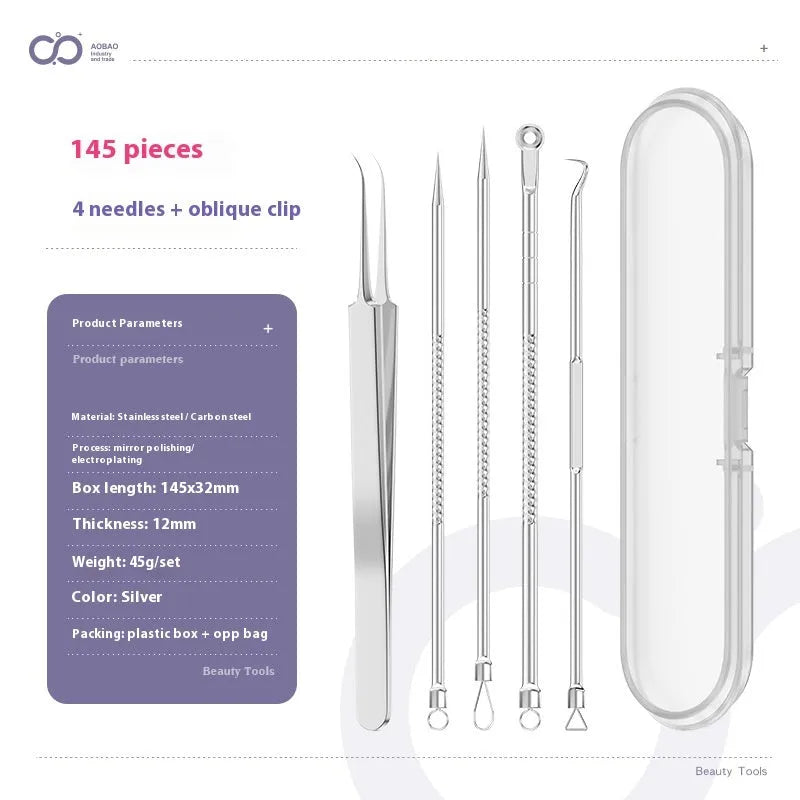 4-piece metal acne needle set with ultra-fine pointed clips on a silver background.