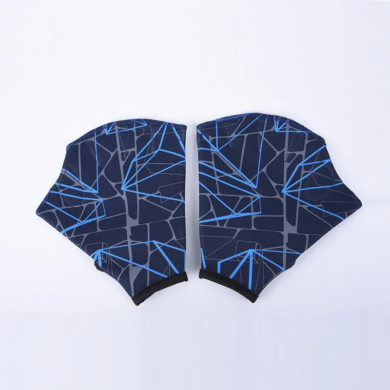 Webbed duck feet swimming gloves in nylon material showing colour pattern options including green, rose, navy blue, orange, and grey orange prints