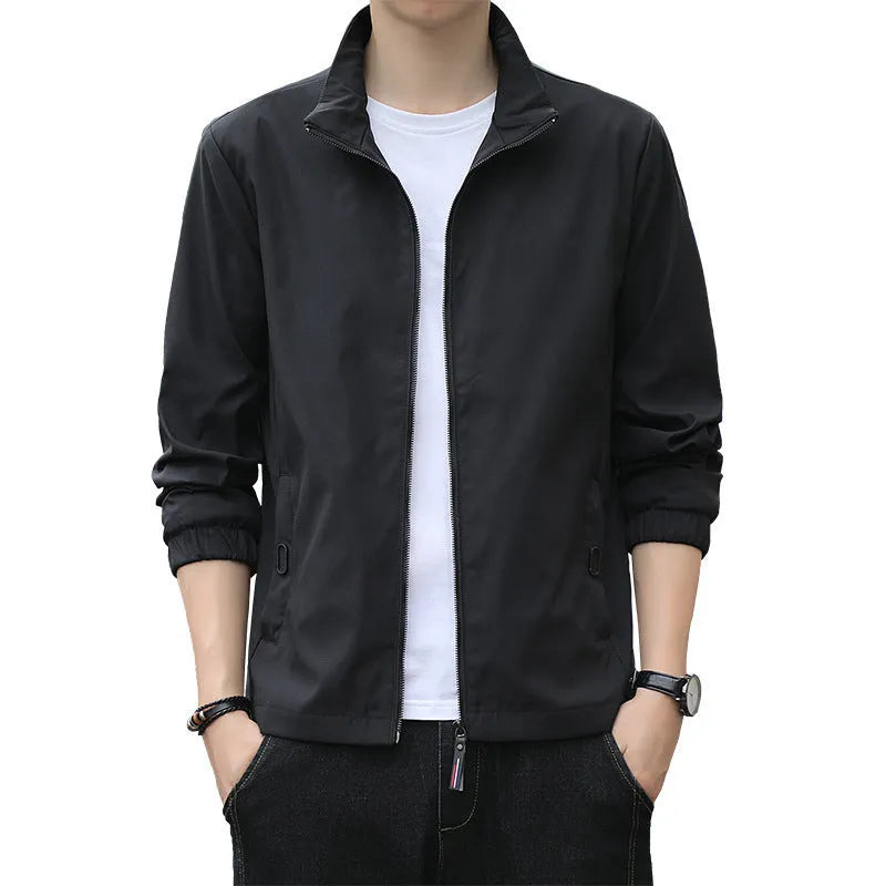 Korean-style loose-lapel casual jacket in polyester blend fabric with zipper closure and pocket styling