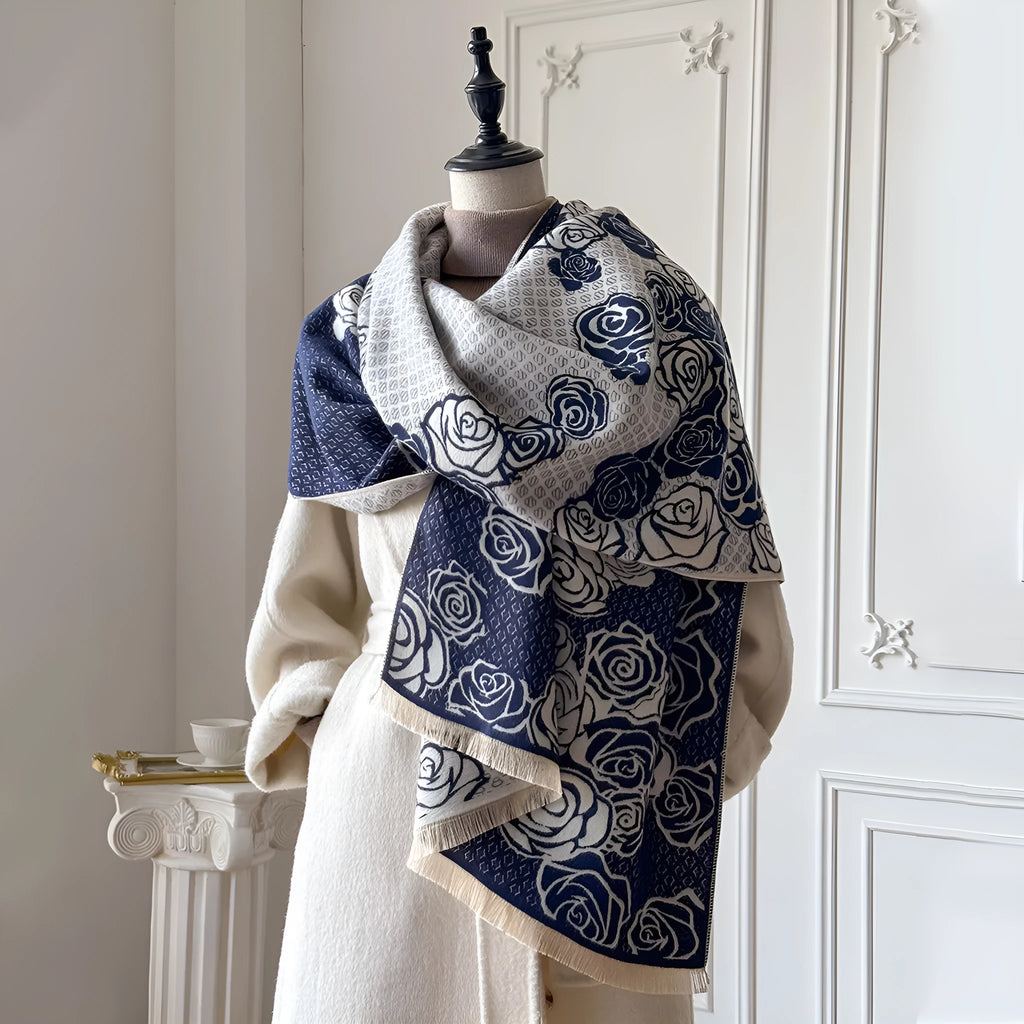Imitation cashmere scarf measuring 185cm by 65cm with tassel fringe in winter colours