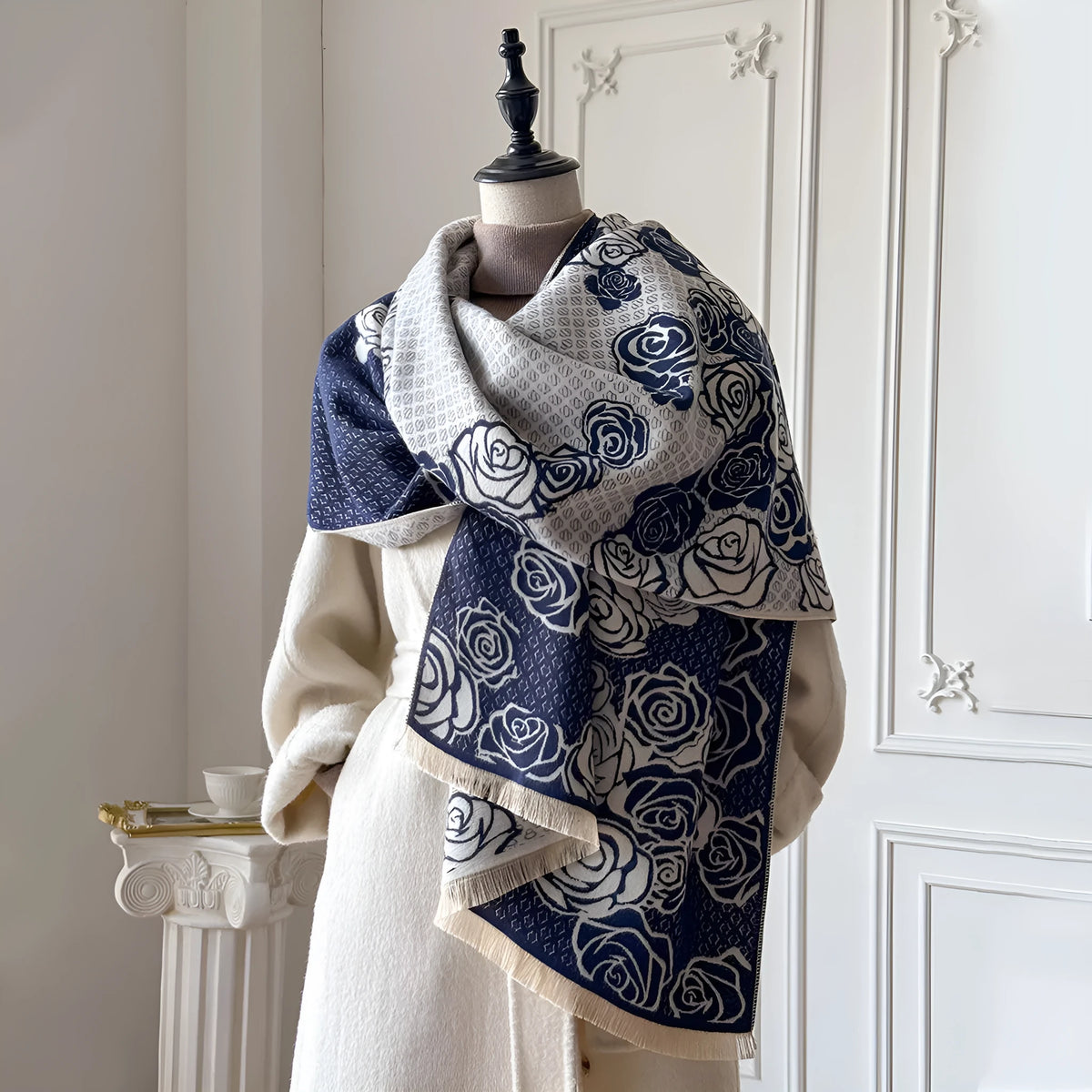 Imitation cashmere scarf measuring 185cm by 65cm with tassel fringe in winter colours