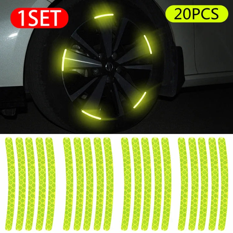 20-piece pack of arc-shaped PVC reflective stickers for car wheel hubs in multiple colour options.