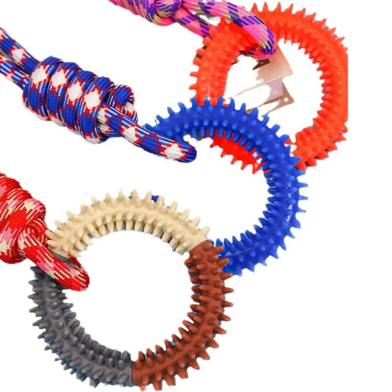 Blue braided rope dog toy with knotted design measuring 43cm long