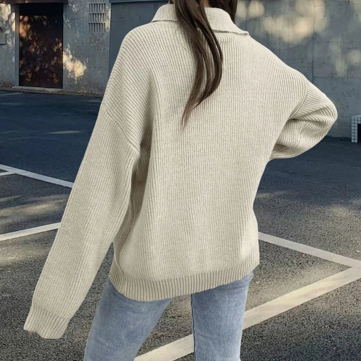 Women's light khaki alpaca wool retro turtleneck sweater with oblique zipper and text pattern