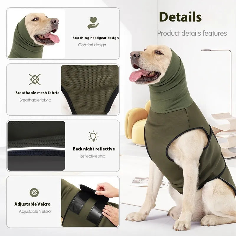 Polyester dog anti-anxiety jacket in army green colour showing wrap-around design for size M