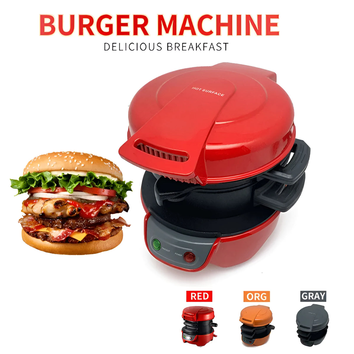 Bright red household breakfast machine with sandwich plates, egg cooker ring, and waffle plates on kitchen counter.