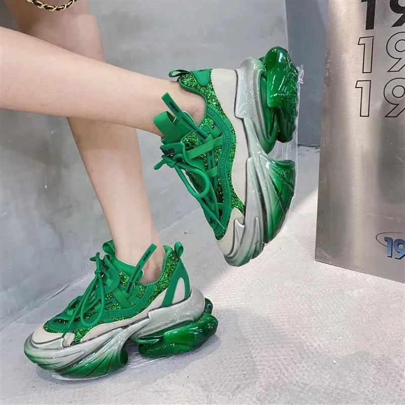 Women's leather upper casual sports shoes with thick jelly sole and cross tie design