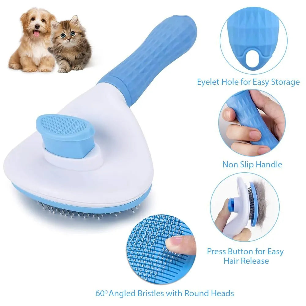 Blue cat grooming brush with a release button and fine wire bristles for pet hair removal