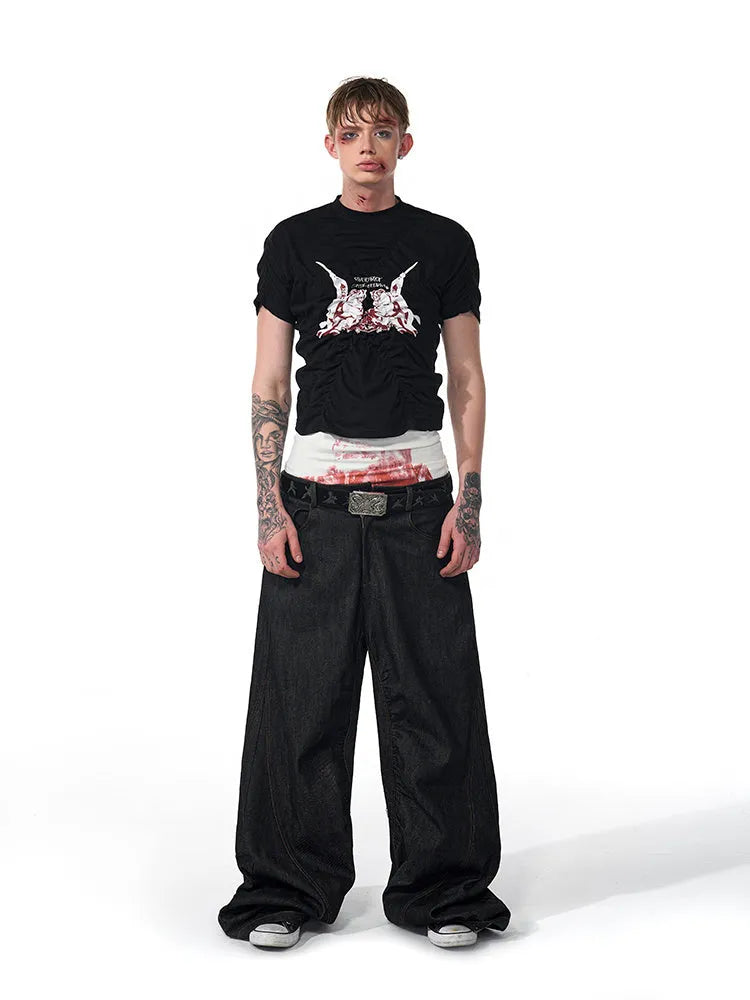 Black slim fit men's short sleeve T-shirt with a printed design, shown on a model.