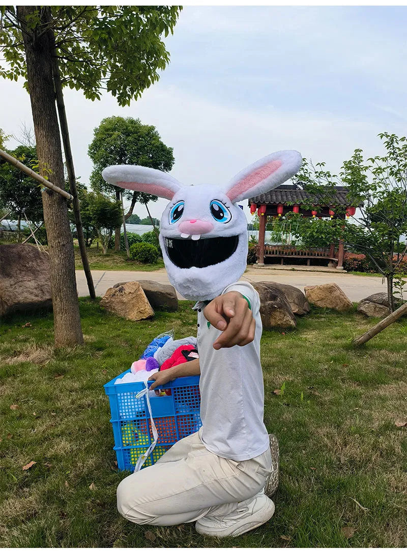 White rabbit head decorative cover on motorcycle helmet with long ears and plush pp cotton material